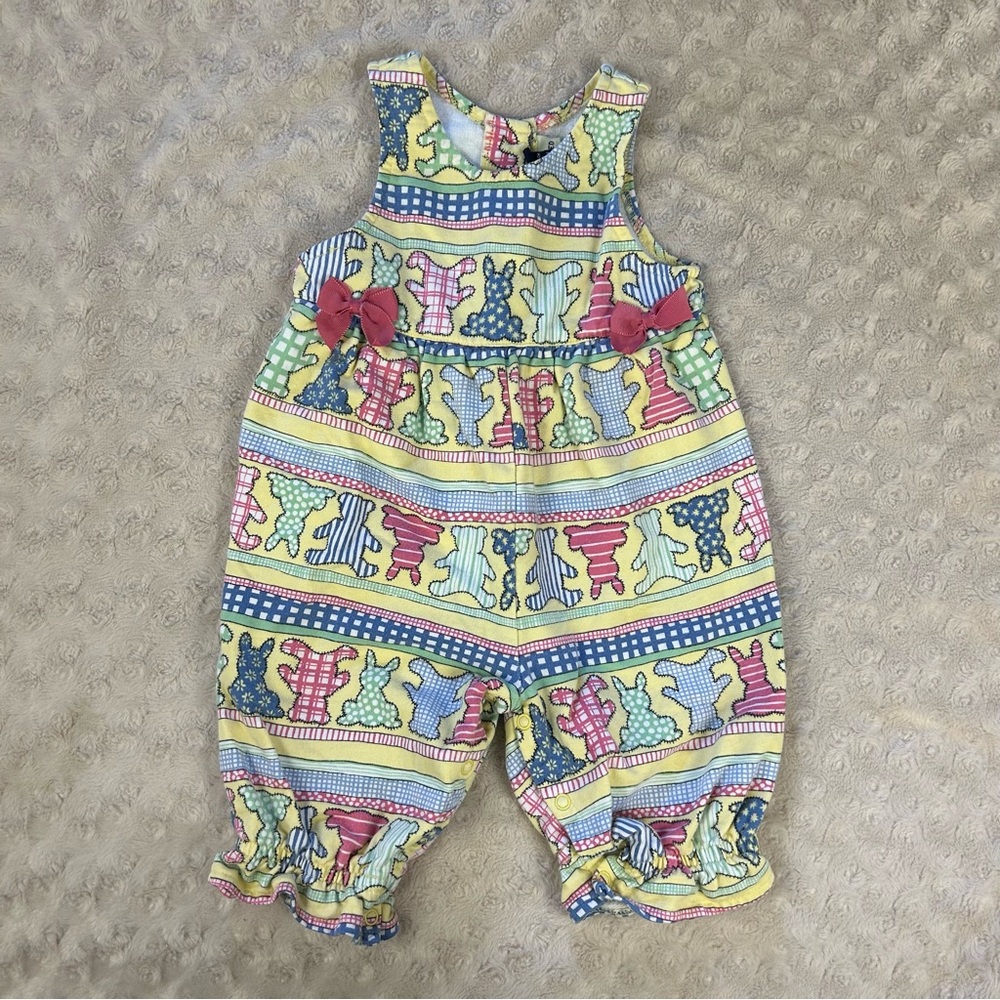 Vintage 90’s The Limited Overalls Teddy Bear Bunny Rabbit Pink Bows Yellow Blue